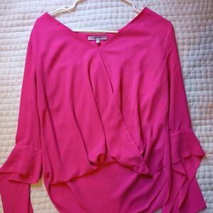 Naked Zebra Hot Pink Faux Wrap V-Neck Blouse with Tiered Bell Sleeves